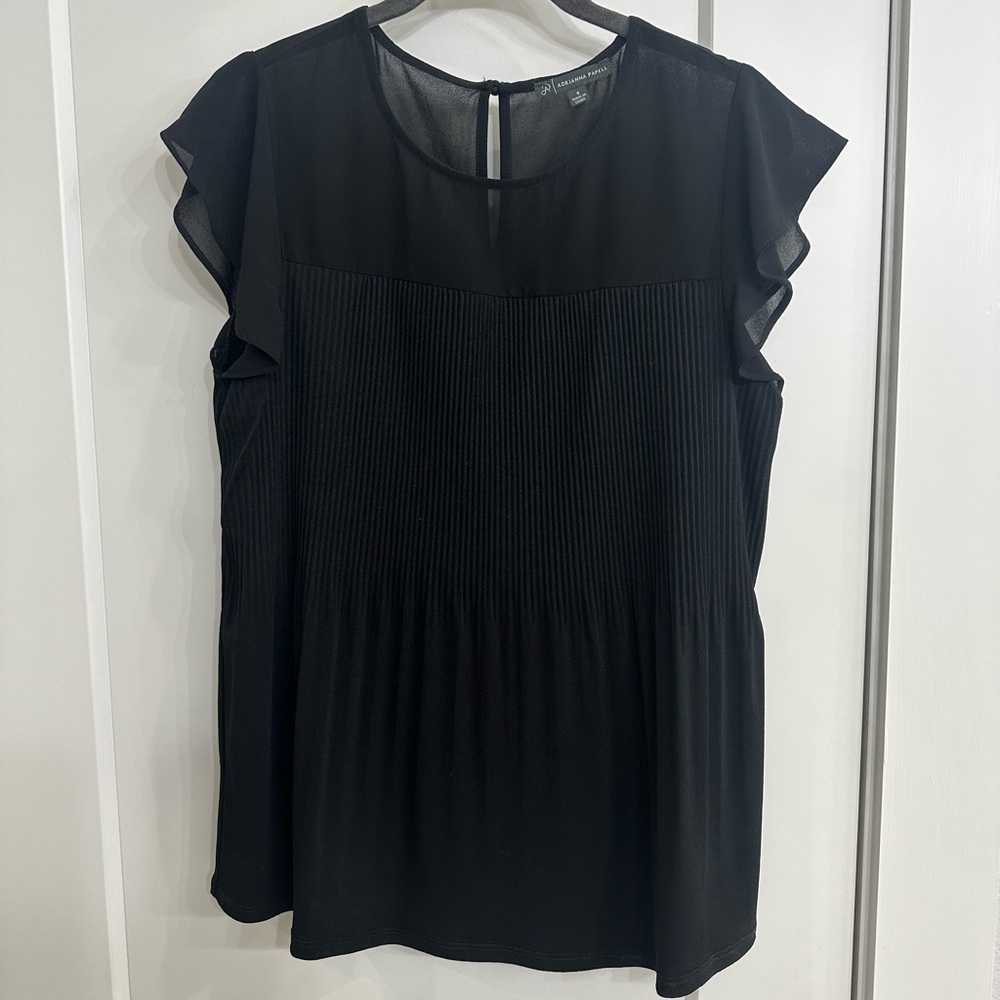 Adrianna Papell Black Pleated Flutter Sleeve Blouse